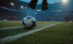 a soccer ball on the field at a stadium