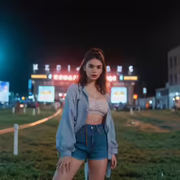 the girl is standing in the green grass