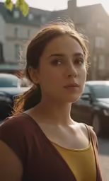 a woman looking at the camera in front of some cars