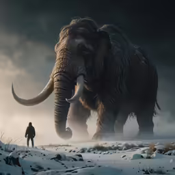 an elephant and a man standing in a snowy field