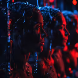several women with wet head and body and colorful lights in background