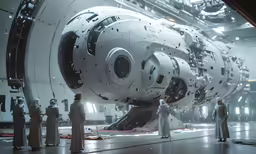 some men standing around a huge machine in a building