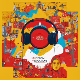 a red and yellow background with the word le grenos on it,a large orange and red artwork depicting headphones