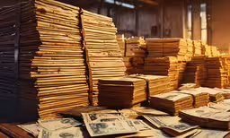piles of wooden lumber and some old currency,stacks and piles of bundles of cash in a warehouse