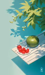 a couple of tomatoes and an apple sit on a white plate