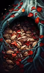 red and brown leaves are covering the inside of the tree roots