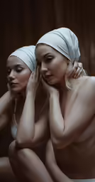 two naked women siting and talking while covering their heads