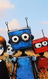 a little boy with a red and blue robot costume