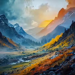 a beautiful view of mountains with trees at sunset