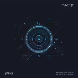 a futuristic black background with a blue circle and some squares around it