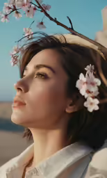 the woman is posing with cherry blossom hair pins in her hair