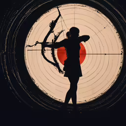 a woman is standing next to a target shooting,a person holding a bow in front of a target