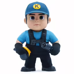 a small figure with a blue shirt, overalls and helmet on
