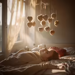 woman laying in bed in sunlight with hearts hanging