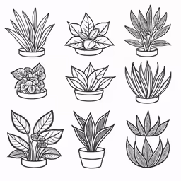 the collection of houseplants are drawn in a line art technique