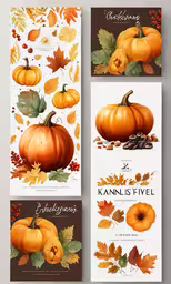 three pumpkin card templates with different designs,three pumpkins and leaves with fall foliage on them