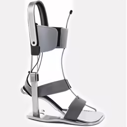 a gray shoe has metal straps around it
