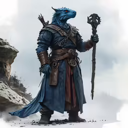 a character dressed in a blue outfit holds a staff and a mask on the head