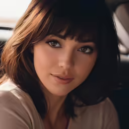 a close up of a woman with blunt bangs