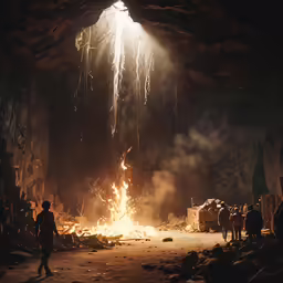 a very tall fire inside of a coal mine