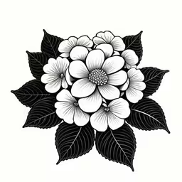 a flower with leaves is shown on a white background,an ink painting of white flowers on black and white background