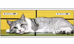 a grey and white cat laying on top of a table