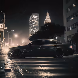 the car is parked on the street next to the pole
