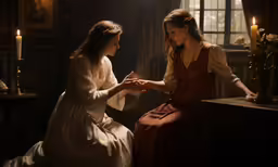 two women in dress sitting on bed in dark room