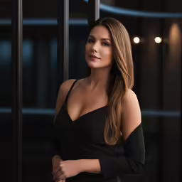 a woman in a black dress is standing