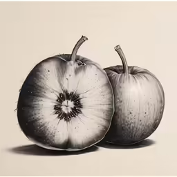 two apples one has been cut in half and the other half are still