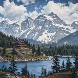 the cabin sits on top of a mountain by the lake
