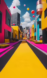 the street is painted yellow and pink, as well as black and red