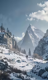 the man is walking in the snowy mountains