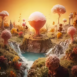 a man looking at some mushrooms with water