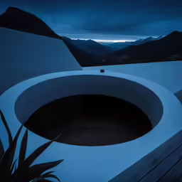 a white bowl shaped structure and a black plant are sitting next to it