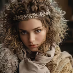 an attractive woman with curly hair wearing a headband