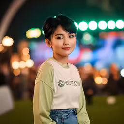 young female with bangs and green hair standing outdoors