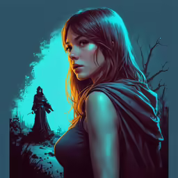 a woman with a sword next to another woman