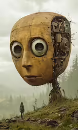 an image of a mechanical robot head in the grass