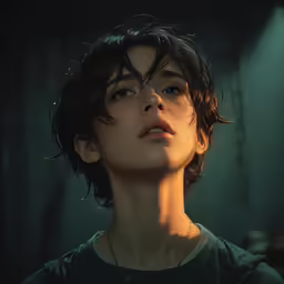 a very beautiful woman staring ahead in the dark