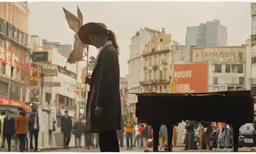 a woman is looking at a piano while standing in the street