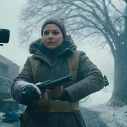 a woman holding a gun in the snow