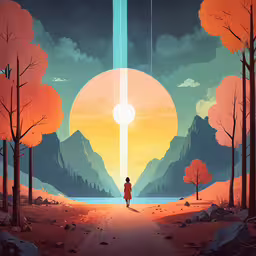 a painting of a person walking down a road with a mountain in the background,a person standing in the middle of a forest next to a moon