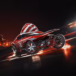 a car with a huge american flag in the top of it,the modern car is a futuristic motorcycle with a large tail wheel
