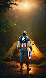 a man dressed in captain america gear standing at a camping tent,a man dressed as captain america standing in front of a tent