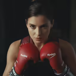 a woman in red boxing gloves posing for a portrait