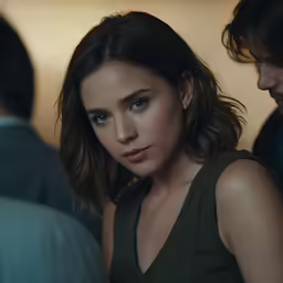 a woman sits in the crowd and stares into the distance