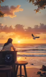 there is a girl that is sitting on a bench looking at the ocean