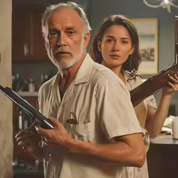 a man and woman stand in a kitchen while holding guns