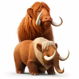 two brown and white animals that are standing side by side